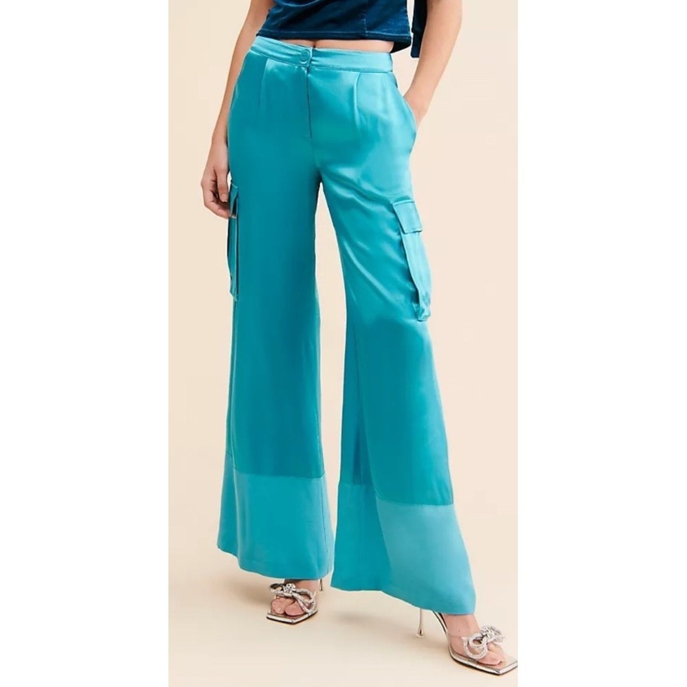 COREY LYNN CALTER Turquoise Blue Satin Wide Leg Cargo Pants L‎ Holiday Party